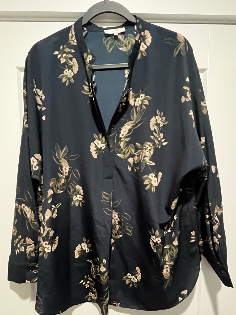 Vince Painted Blooms Navy Floral Mandarin-Collar Blouse Long Sleeve Size XL